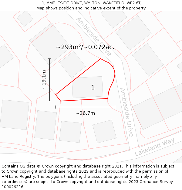 1, AMBLESIDE DRIVE, WALTON, WAKEFIELD, WF2 6TJ: Plot and title map