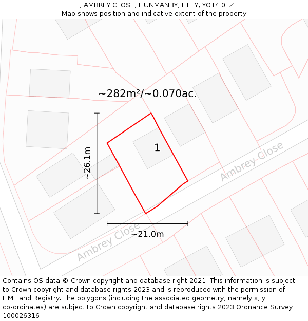 1, AMBREY CLOSE, HUNMANBY, FILEY, YO14 0LZ: Plot and title map