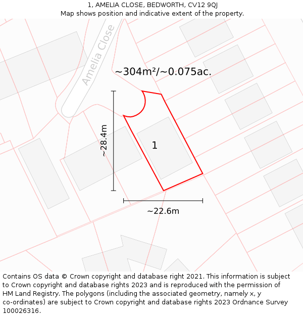 1, AMELIA CLOSE, BEDWORTH, CV12 9QJ: Plot and title map