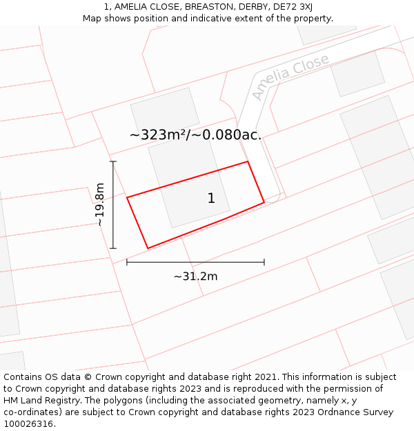 1, AMELIA CLOSE, BREASTON, DERBY, DE72 3XJ: Plot and title map