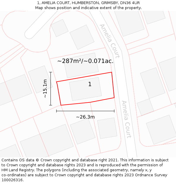 1, AMELIA COURT, HUMBERSTON, GRIMSBY, DN36 4UR: Plot and title map