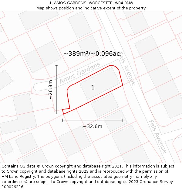 1, AMOS GARDENS, WORCESTER, WR4 0NW: Plot and title map
