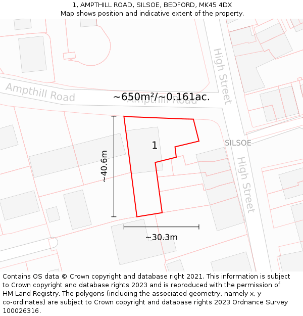 1, AMPTHILL ROAD, SILSOE, BEDFORD, MK45 4DX: Plot and title map