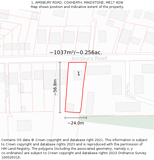 1, AMSBURY ROAD, COXHEATH, MAIDSTONE, ME17 4DW: Plot and title map