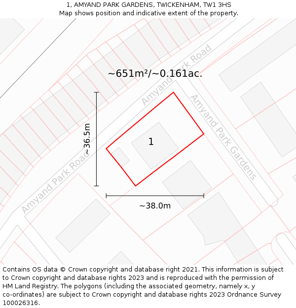 1, AMYAND PARK GARDENS, TWICKENHAM, TW1 3HS: Plot and title map