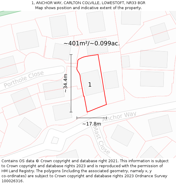 1, ANCHOR WAY, CARLTON COLVILLE, LOWESTOFT, NR33 8GR: Plot and title map
