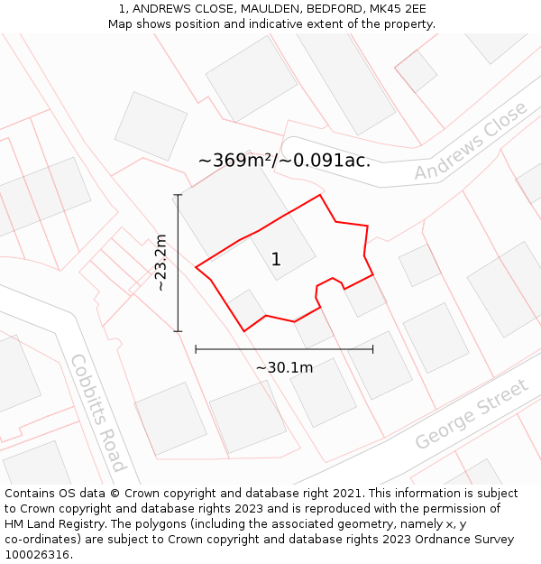 1, ANDREWS CLOSE, MAULDEN, BEDFORD, MK45 2EE: Plot and title map