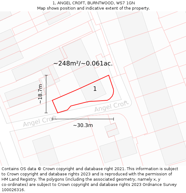 1, ANGEL CROFT, BURNTWOOD, WS7 1GN: Plot and title map