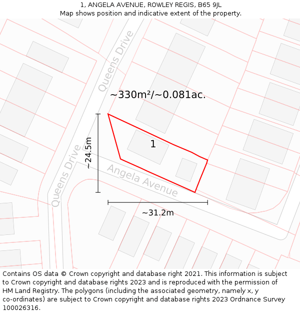 1, ANGELA AVENUE, ROWLEY REGIS, B65 9JL: Plot and title map