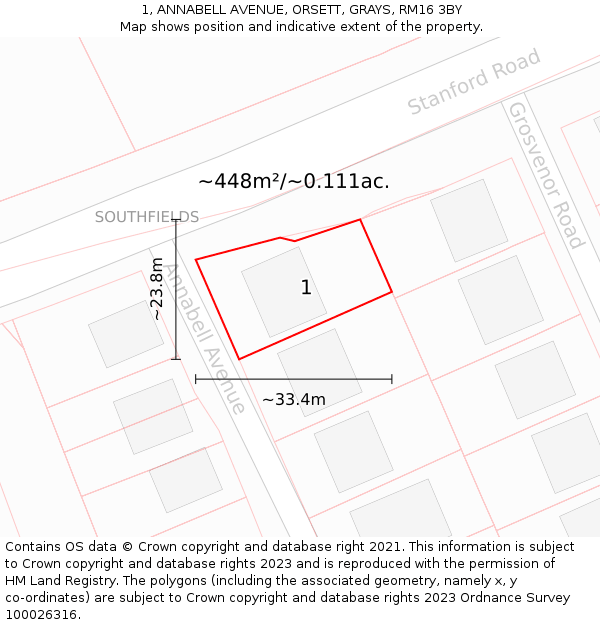 1, ANNABELL AVENUE, ORSETT, GRAYS, RM16 3BY: Plot and title map