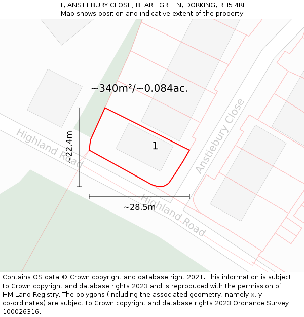 1, ANSTIEBURY CLOSE, BEARE GREEN, DORKING, RH5 4RE: Plot and title map