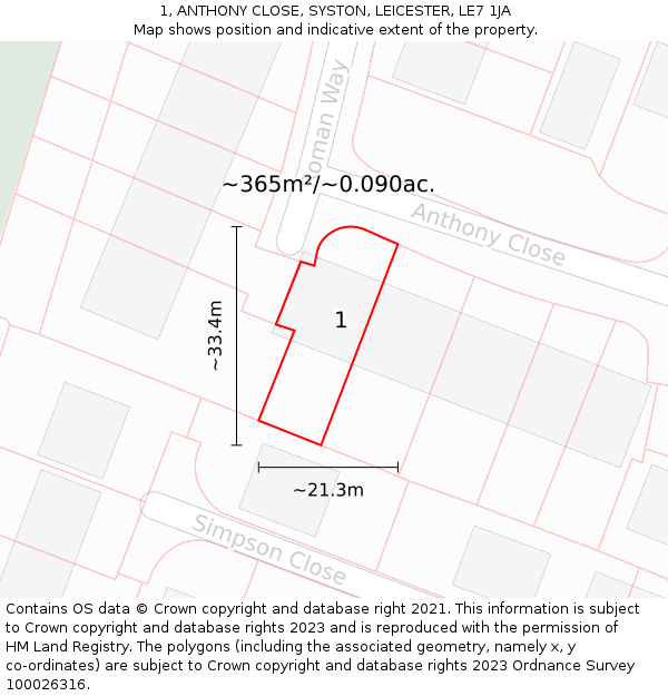 1, ANTHONY CLOSE, SYSTON, LEICESTER, LE7 1JA: Plot and title map