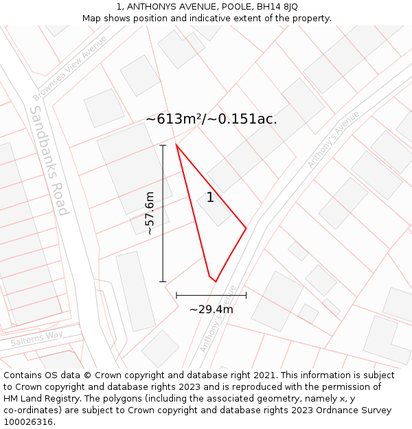 1, ANTHONYS AVENUE, POOLE, BH14 8JQ: Plot and title map