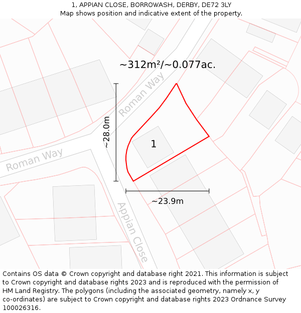 1, APPIAN CLOSE, BORROWASH, DERBY, DE72 3LY: Plot and title map