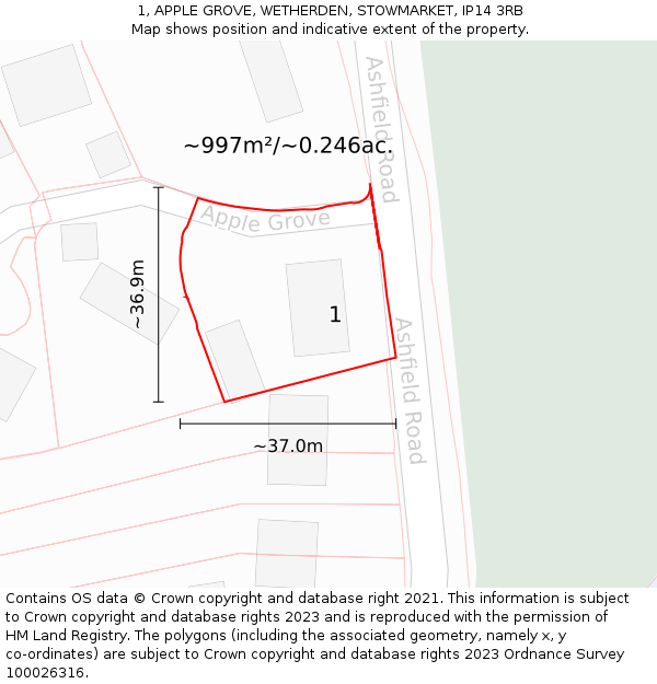 1, APPLE GROVE, WETHERDEN, STOWMARKET, IP14 3RB: Plot and title map