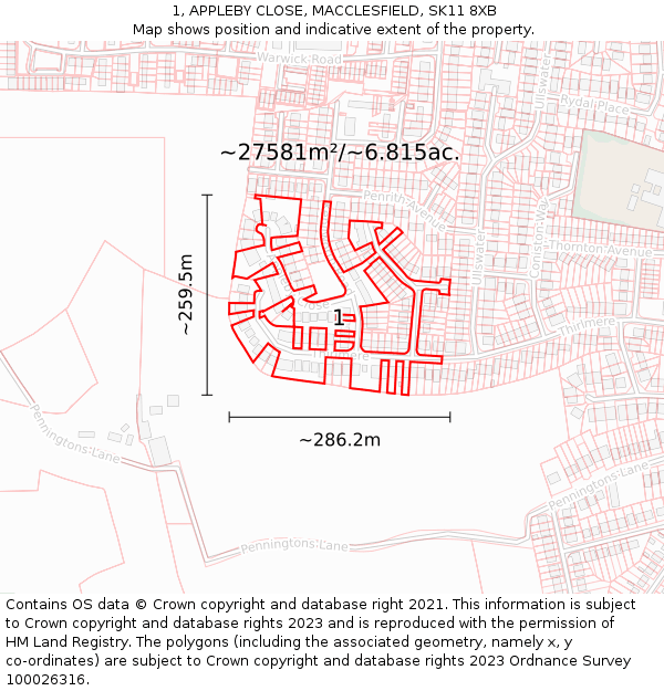 1, APPLEBY CLOSE, MACCLESFIELD, SK11 8XB: Plot and title map