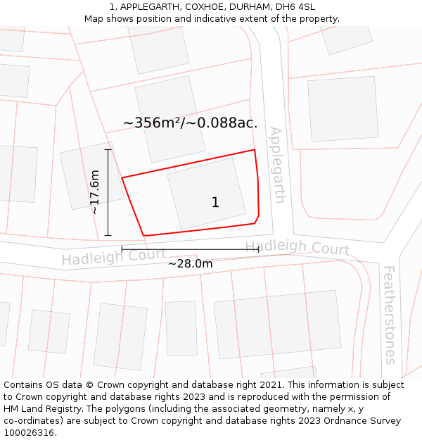 1, APPLEGARTH, COXHOE, DURHAM, DH6 4SL: Plot and title map