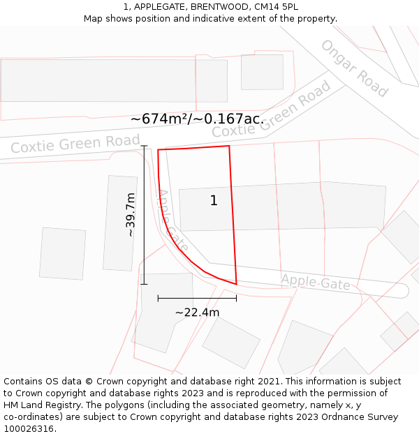 1, APPLEGATE, BRENTWOOD, CM14 5PL: Plot and title map