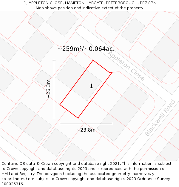 1, APPLETON CLOSE, HAMPTON HARGATE, PETERBOROUGH, PE7 8BN: Plot and title map