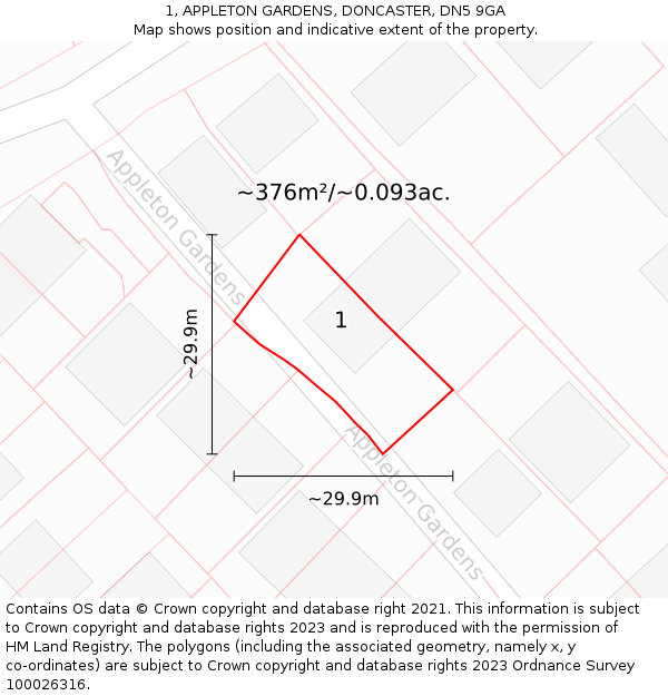 1, APPLETON GARDENS, DONCASTER, DN5 9GA: Plot and title map