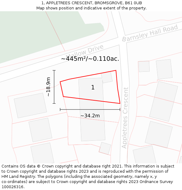 1, APPLETREES CRESCENT, BROMSGROVE, B61 0UB: Plot and title map