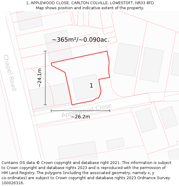 1, APPLEWOOD CLOSE, CARLTON COLVILLE, LOWESTOFT, NR33 8FD: Plot and title map