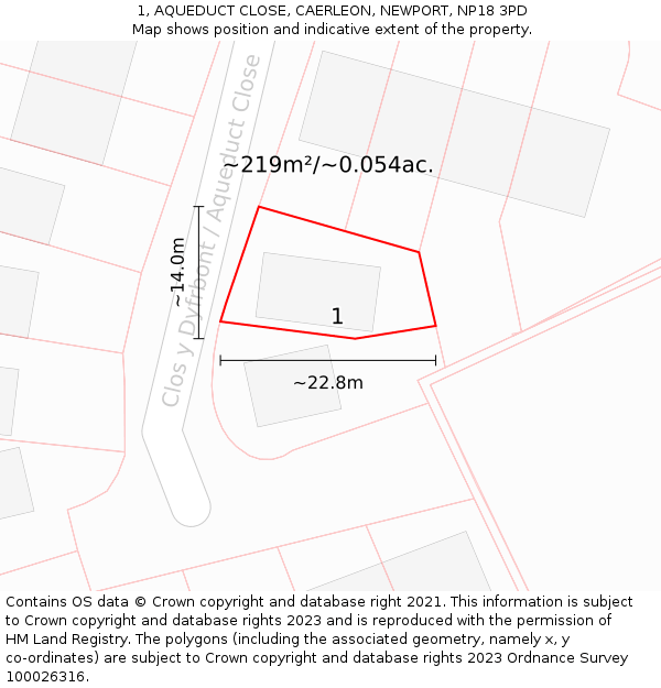 1, AQUEDUCT CLOSE, CAERLEON, NEWPORT, NP18 3PD: Plot and title map