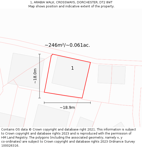 1, ARABIA WALK, CROSSWAYS, DORCHESTER, DT2 8WT: Plot and title map