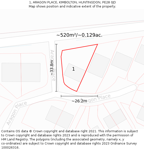 1, ARAGON PLACE, KIMBOLTON, HUNTINGDON, PE28 0JD: Plot and title map