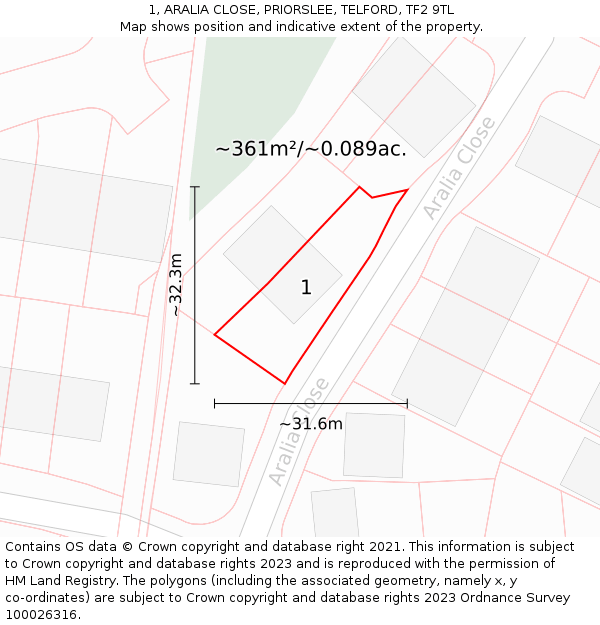1, ARALIA CLOSE, PRIORSLEE, TELFORD, TF2 9TL: Plot and title map