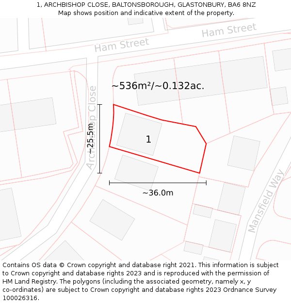 1, ARCHBISHOP CLOSE, BALTONSBOROUGH, GLASTONBURY, BA6 8NZ: Plot and title map
