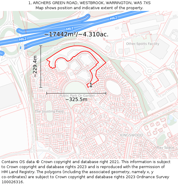1, ARCHERS GREEN ROAD, WESTBROOK, WARRINGTON, WA5 7XS: Plot and title map