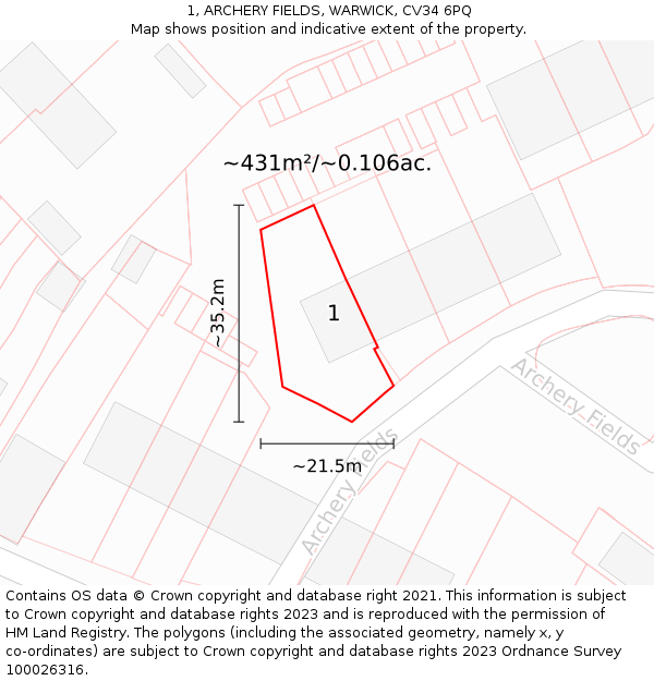 1, ARCHERY FIELDS, WARWICK, CV34 6PQ: Plot and title map