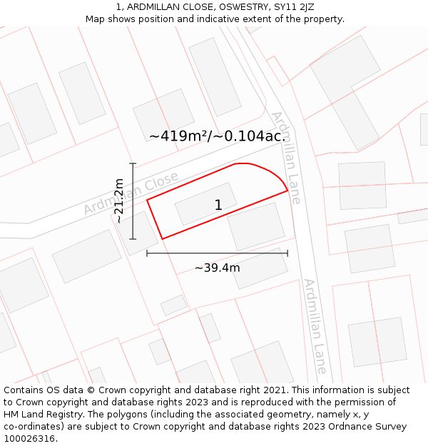 1, ARDMILLAN CLOSE, OSWESTRY, SY11 2JZ: Plot and title map