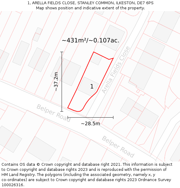 1, ARELLA FIELDS CLOSE, STANLEY COMMON, ILKESTON, DE7 6PS: Plot and title map