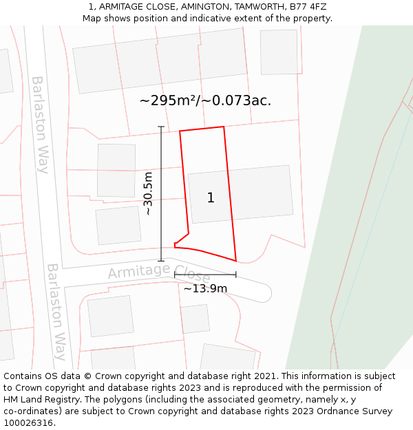 1, ARMITAGE CLOSE, AMINGTON, TAMWORTH, B77 4FZ: Plot and title map