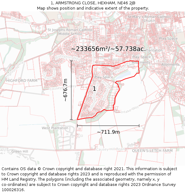 1, ARMSTRONG CLOSE, HEXHAM, NE46 2JB: Plot and title map