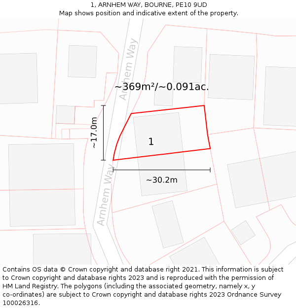 1, ARNHEM WAY, BOURNE, PE10 9UD: Plot and title map