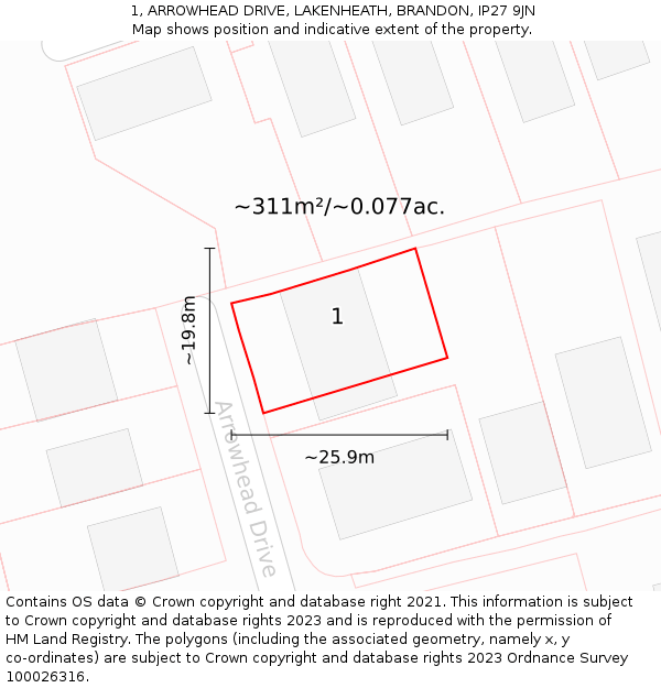 1, ARROWHEAD DRIVE, LAKENHEATH, BRANDON, IP27 9JN: Plot and title map