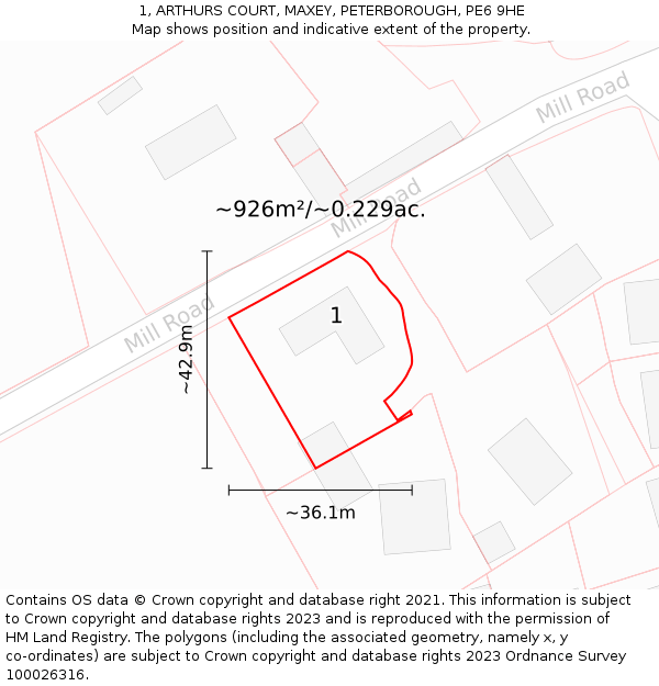 1, ARTHURS COURT, MAXEY, PETERBOROUGH, PE6 9HE: Plot and title map
