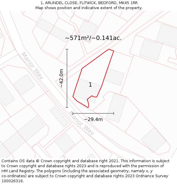 1, ARUNDEL CLOSE, FLITWICK, BEDFORD, MK45 1RR: Plot and title map