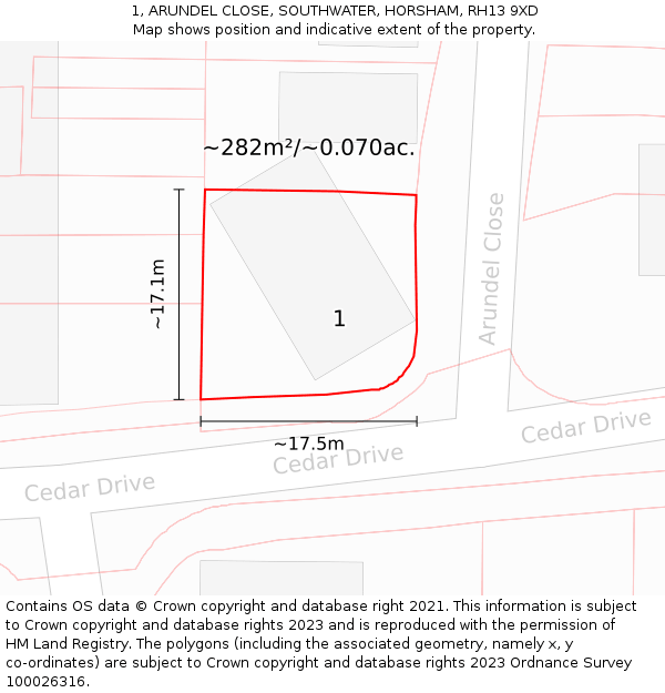 1, ARUNDEL CLOSE, SOUTHWATER, HORSHAM, RH13 9XD: Plot and title map