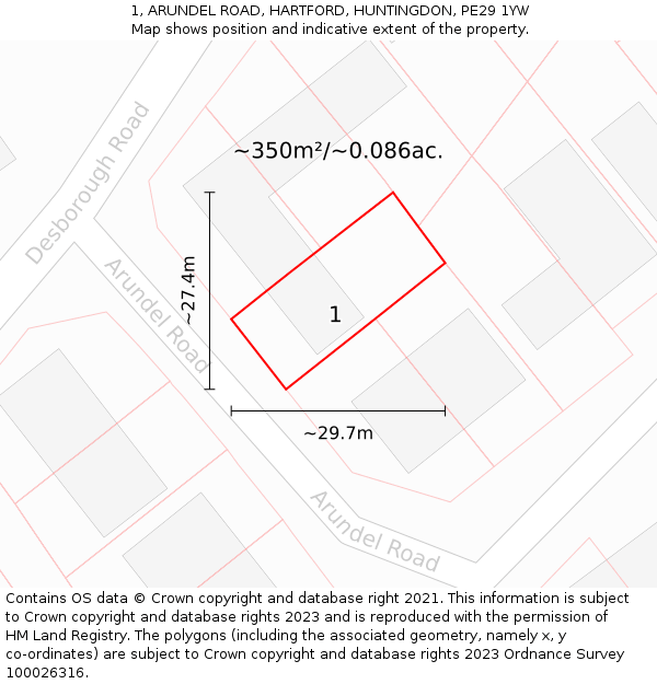 1, ARUNDEL ROAD, HARTFORD, HUNTINGDON, PE29 1YW: Plot and title map