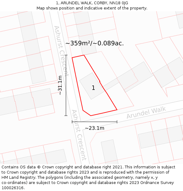 1, ARUNDEL WALK, CORBY, NN18 0JG: Plot and title map