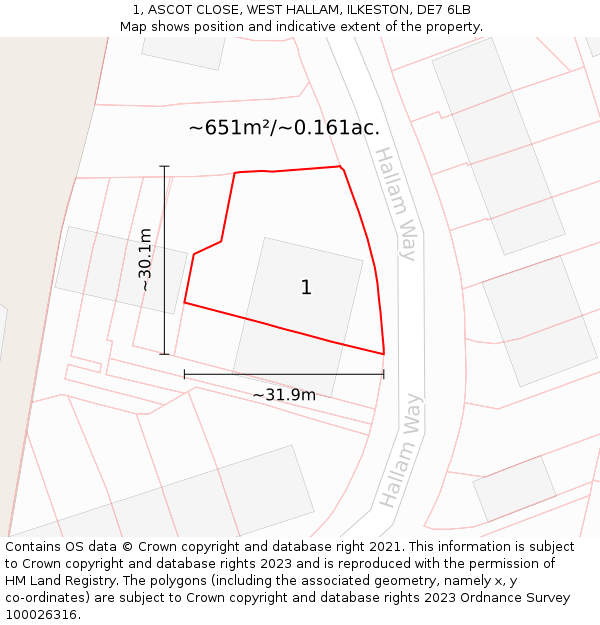 1, ASCOT CLOSE, WEST HALLAM, ILKESTON, DE7 6LB: Plot and title map