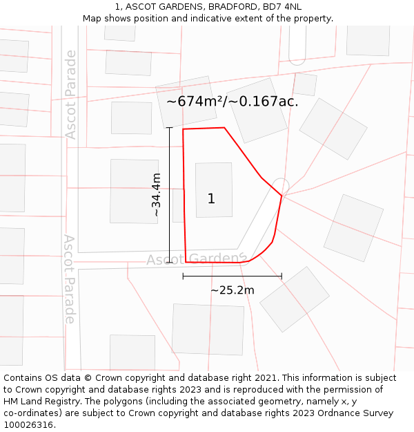 1, ASCOT GARDENS, BRADFORD, BD7 4NL: Plot and title map