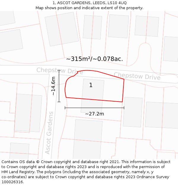 1, ASCOT GARDENS, LEEDS, LS10 4UQ: Plot and title map