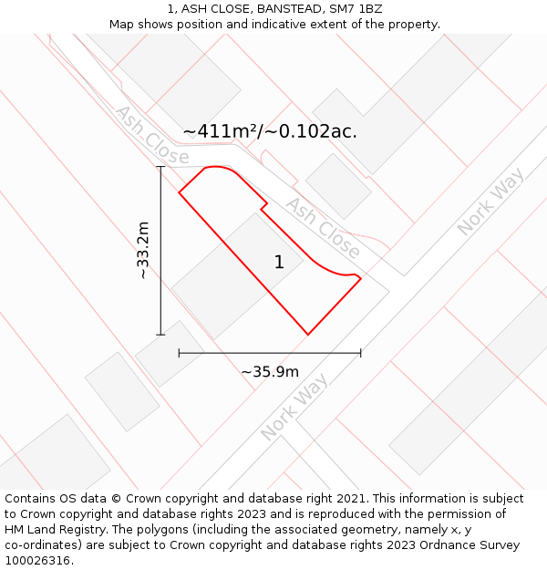 1, ASH CLOSE, BANSTEAD, SM7 1BZ: Plot and title map