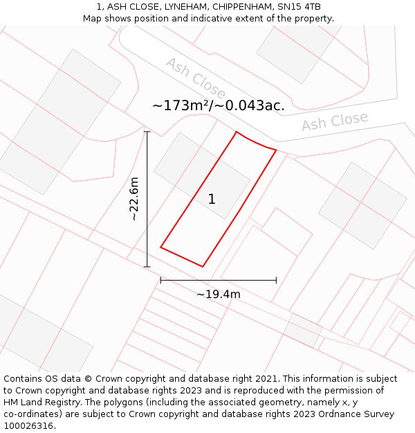 1, ASH CLOSE, LYNEHAM, CHIPPENHAM, SN15 4TB: Plot and title map