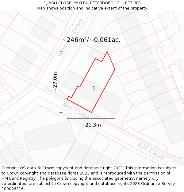1, ASH CLOSE, YAXLEY, PETERBOROUGH, PE7 3FD: Plot and title map